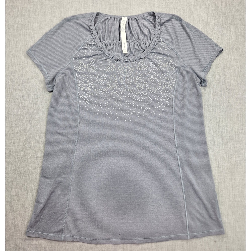 Lululemon Athletica Grey Laser Cut Ruffle Short Sleeve Activewear Top Size 12